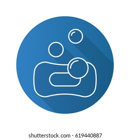 Sponge with bubbles. Flat linear long shadow icon. Spa salon. Vector line symbol
