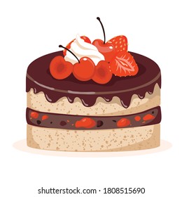 Sponge cake with berries and chocolate icing. Vector illustration on a white background is isolated.