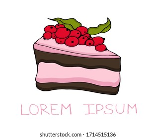 Sponge cake with berries. Vector isolated illustration with a baked cake on a white background. Logo of a piece of baking. Doodle style. Insulated flour products for printing on paper, fabrics, dishes