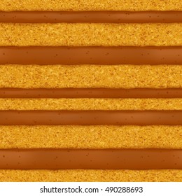 Sponge cake with caramel cream filling background. Colorful seamless texture. Vector illustration. Good for bakery menu design - poster banner flyer packaging.