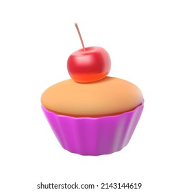 Sponge Cake With Cherries In A Realistic Style. 3d Vector Illustration. Cute Muffin