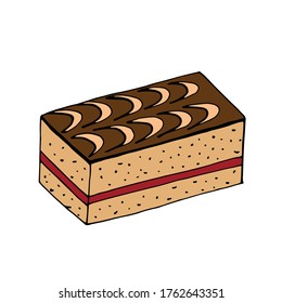 Sponge cake with chocolate, Biscuit  isolated on white background. Sweet dessert. Vector cartoon illustration.	