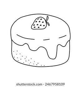 Sponge cake coated with cream, decorated with strawberry, doodle vector outline for coloring book