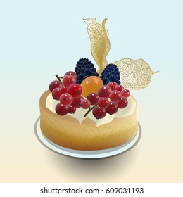 Sponge cake with cream and blackberries, twigs of red currants and  cape gooseberry