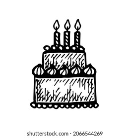 Sponge cake with cream and decorations for the birthday holiday. Dessert with candles. Hand drawn line vector illustration in doodle style.
