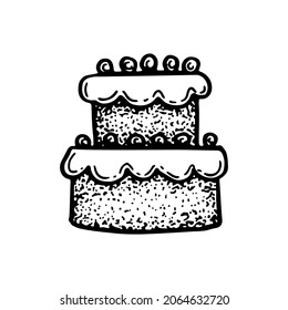 Sponge cake with cream and decorations for the holiday. Hand drawn line vector illustration in doodle style. Dessert for Birthday or Wedding.