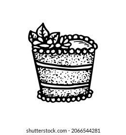 Sponge cake with cream and decorations for the holiday. Hand drawn line vector illustration in doodle style. Dessert for Birthday or Wedding.