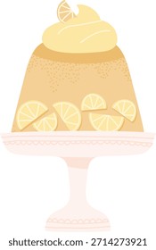Pastel de esponja con crema, adorno de rodajas de limón y textura de miga en un pedestal. Símbolo de postre, panadería, frescura, celebración y dulce. Ilustración vectorial de dibujos animados.