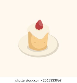 Sponge cake with cream and strawberry toping, cute vector illustration