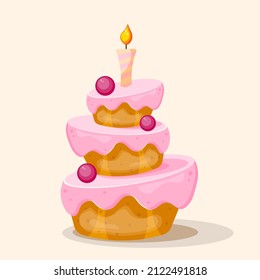 Sponge cake with different layers that are turned in different directions. Garnished with cherry berries and festive candles. Birthday card!