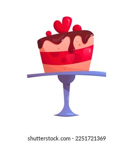 Pastel de esponja con corazón, cubierto de chocolate sobre una base aislada de fondo blanco. Panadería. Dulces para el Día de San Valentín. La pastelería francesa. Ilustración vectorial al estilo de las caricaturas.