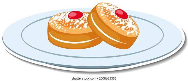 Sponge cake with icing sugar and strawberry jam toppings on a plate illustration