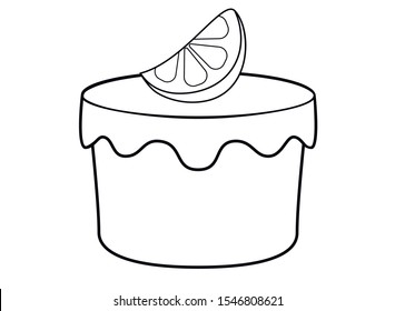 Sponge cake with lemon. Iceberg coated lemon muffin. Cupcake with icing and a slice of lemon - stock vector illustration for coloring. Outline
