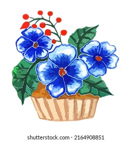 sponge cake, muffin decorated with three blue flowers, pansies with leaves, forget-me-nots. one element