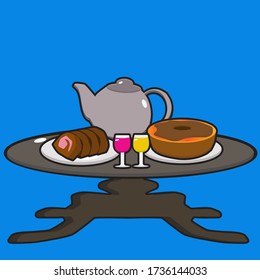 sponge cake on the table with fresh drinks and teapots