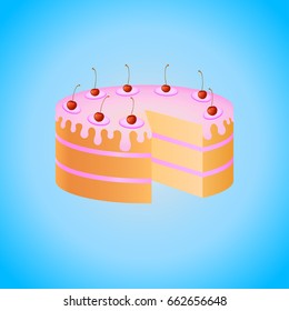 Sponge cake with pink glaze and cherries