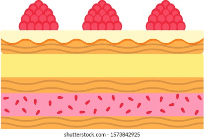Sponge cake with raspberries. Isolated on white background. Vector illustration in flat style