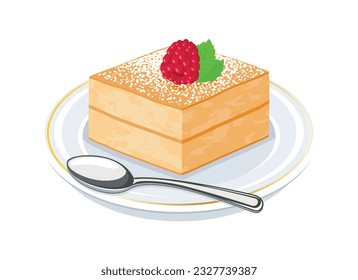 Sponge Cake with raspberry vector illustration. Piece of fluffy block cake on a plate icon vector isolated on a white background. Slice of cake with powdered sugar on top drawing