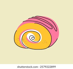 Sponge cake roll with chocolate icing in a cut on a light background, cute simple hand drawn illustration, drawing, flat style