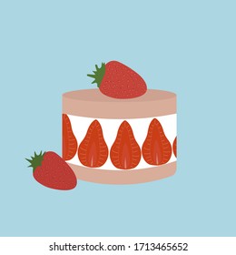 Sponge cake with strawberries and vanilla cream vector illustration on blue background. Hand drawing dessert for menu and restaurant.