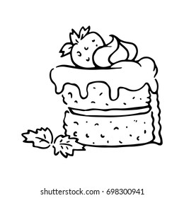 Sponge Cake with Whipped Cream Icing, Strawberry and Mint Sketch Vector Illustration
