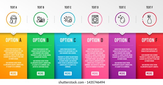 Sponge, Clean dishes and Cleaning service icons simple set. Water drop, Washing machine and Spray signs. Cleaner bucket, Dishwasher concept. Cleaning set. Infographic template. 6 steps timeline