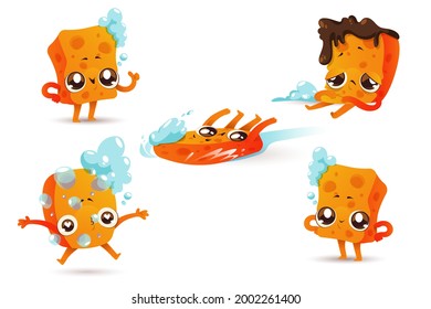 Sponge for cleaning dishes, cartoon mascot with cute face and foam bubbles isolated on white background. Clean and dirty sanitary tool express sad and happy emotions, Vector illustration, icons set