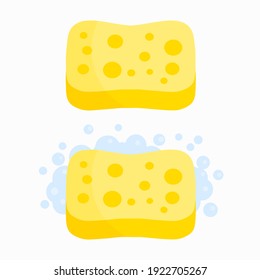 Sponge with foam. Yellow tool for cleaning. Set of kitchen and bathroom elements. Flat cartoon illustration. Detergent with soap