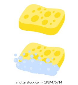 Sponge with foam. Yellow tool for cleaning. Detergent with soap. Set of kitchen and bathroom elements. Flat cartoon illustration