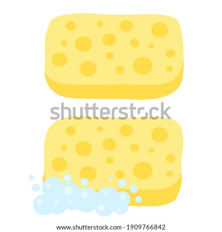 Sponge with foam. Yellow tool for cleaning. Detergent with soap. Set of kitchen and bathroom elements. Flat cartoon illustration