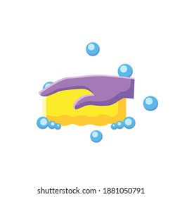 Icono plano de espuma esponjosa. Limpieza. Mano de casa con pictograma de esponja espumosa. Limpieza con agua. Concepto de limpieza doméstica y desinfección superficial. Ilustración de vector de color