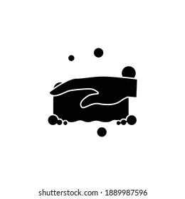 Sponge foaming glyph icon. Wiping. Housekeeper hand in glove with foamed sponge filled flat sign. Wet cleaning. Housekeeping and surface disinfection concept. Isolated silhouette vector illustration