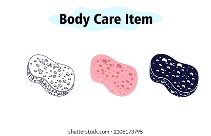 Sponge with holes for soaping the body in the shower. Body care. Vector illustration in color, solid and linear design on a white background.