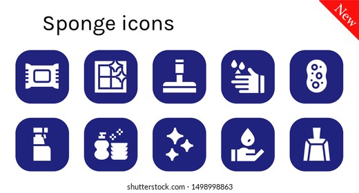 sponge icon set. 10 filled sponge icons.  Collection Of - Makeup remover, Clean window, Glass cleaner, Wash, Sponge, Cleaning spray, Clean, Dustpan