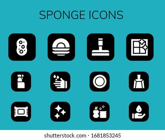 sponge icon set. 12 filled sponge icons.  Simple modern icons such as: Sponge, Cleaning spray, Makeup remover, Dish, Wash, Clean, Glass cleaner, Clean window, Dustpan