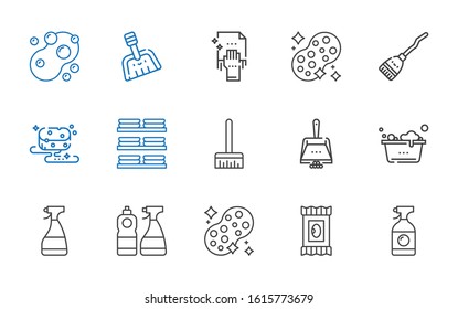 sponge icons set. Collection of sponge with window cleaner, makeup remover wipes, washing, dustpan, broom, dishes, cleaning. Editable and scalable sponge icons.