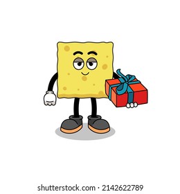 sponge mascot illustration giving a gift , character design