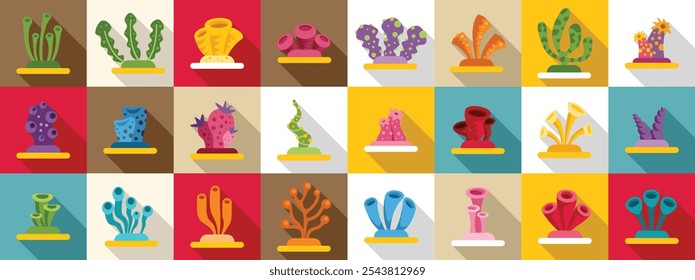 Sponge seaweed plant icons set. Vibrant collection of coral reef illustrations showcasing diverse marine life forms, ideal for educational or nature themed projects