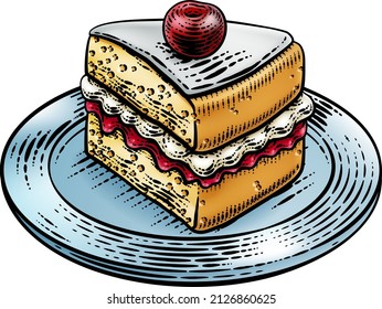 A sponge slice cake with jam and cream illustration drawing in a woodcut retro etching style.