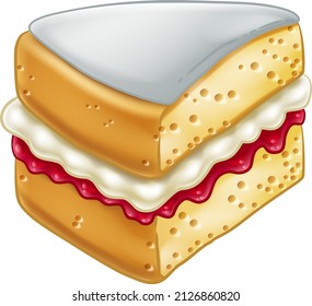 A sponge slice cake with jam and cream illustration drawing in a woodcut retro etching style.