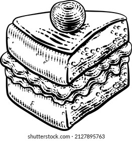 A sponge slice cake with jam and cream illustration drawing in a woodcut retro etching style.