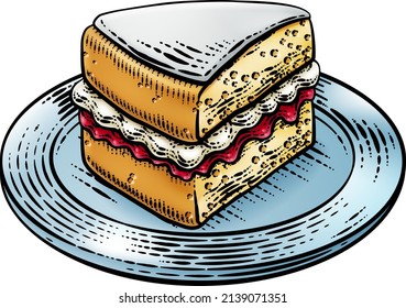 A sponge slice cake with jam and cream illustration drawing in a woodcut retro etching style.