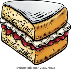 A sponge slice cake with jam and cream illustration drawing in a woodcut retro etching style.