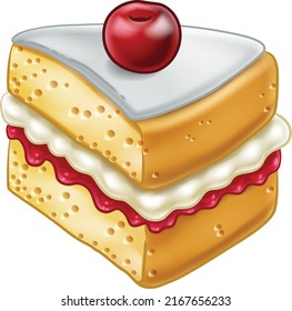 A sponge slice cake with jam and cream illustration drawing in a woodcut retro etching style.