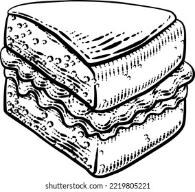 A sponge slice cake with jam and cream illustration drawing in a woodcut retro etching style.