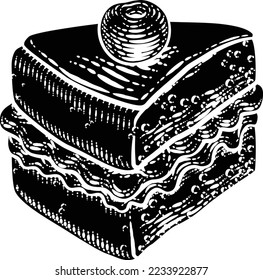 A sponge slice cake with jam and cream illustration drawing in a woodcut retro etching style.