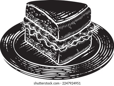 A sponge slice cake with jam and cream illustration drawing in a woodcut retro etching style.