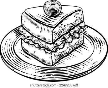 A sponge slice cake with jam and cream illustration drawing in a woodcut retro etching style.