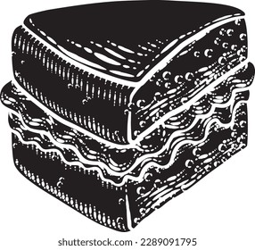 A sponge slice cake with jam and cream illustration drawing in a woodcut retro etching style.