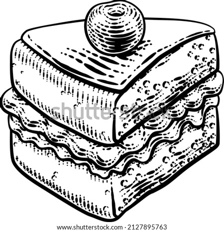 A sponge slice cake with jam and cream illustration drawing in a woodcut retro etching style.